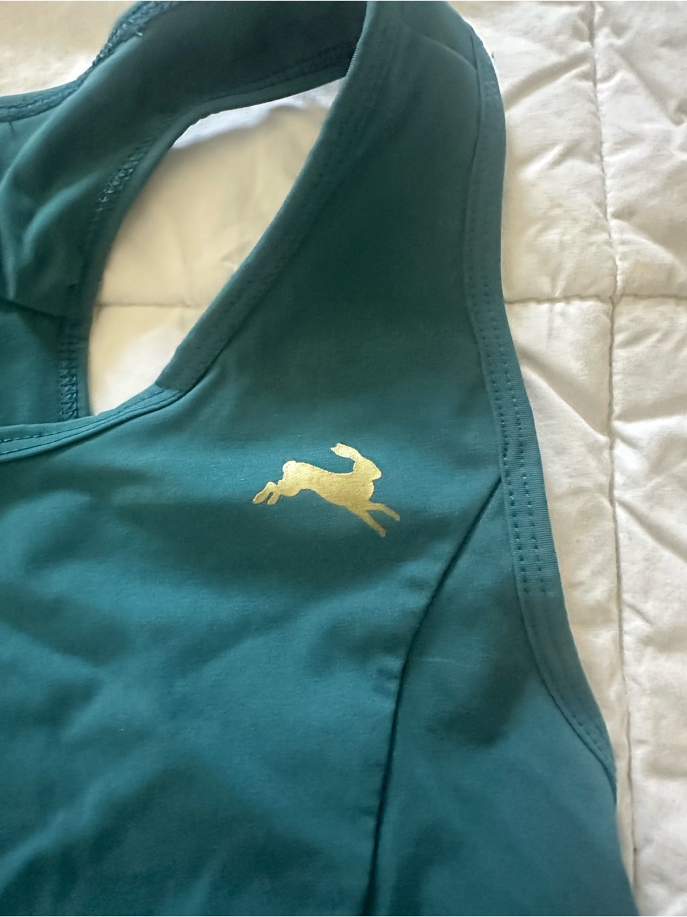 Tracksmith Deep Teal Racerback Sports Bra with Gold Hare Emblem - Picture 3 of 4